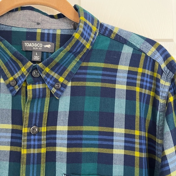 Toad & Co Mattock 2 Long Sleeve Button Slim Plaid Blue Green Yellow Size Large - Picture 2 of 6